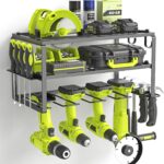 SUNALLY Power Tool Organizer, Heavy Duty Iron, 3 Layers Storage Rack with 4 Drill Holders, Floating Tool Shelf Wall Mounted, Matte Black, Work Shop, Garage, 150Lbs Load Capacity