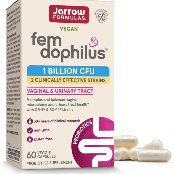 Jarrow Formulas Fem-Dophilus Vaginal Probiotics 1 Billion CFU With 2 Science-Backed Strains, Dietary Supplement For Vaginal & Urinary Tract Support, 60 Capsules, 60 Day Supply, Shelf-Stable Probiotics