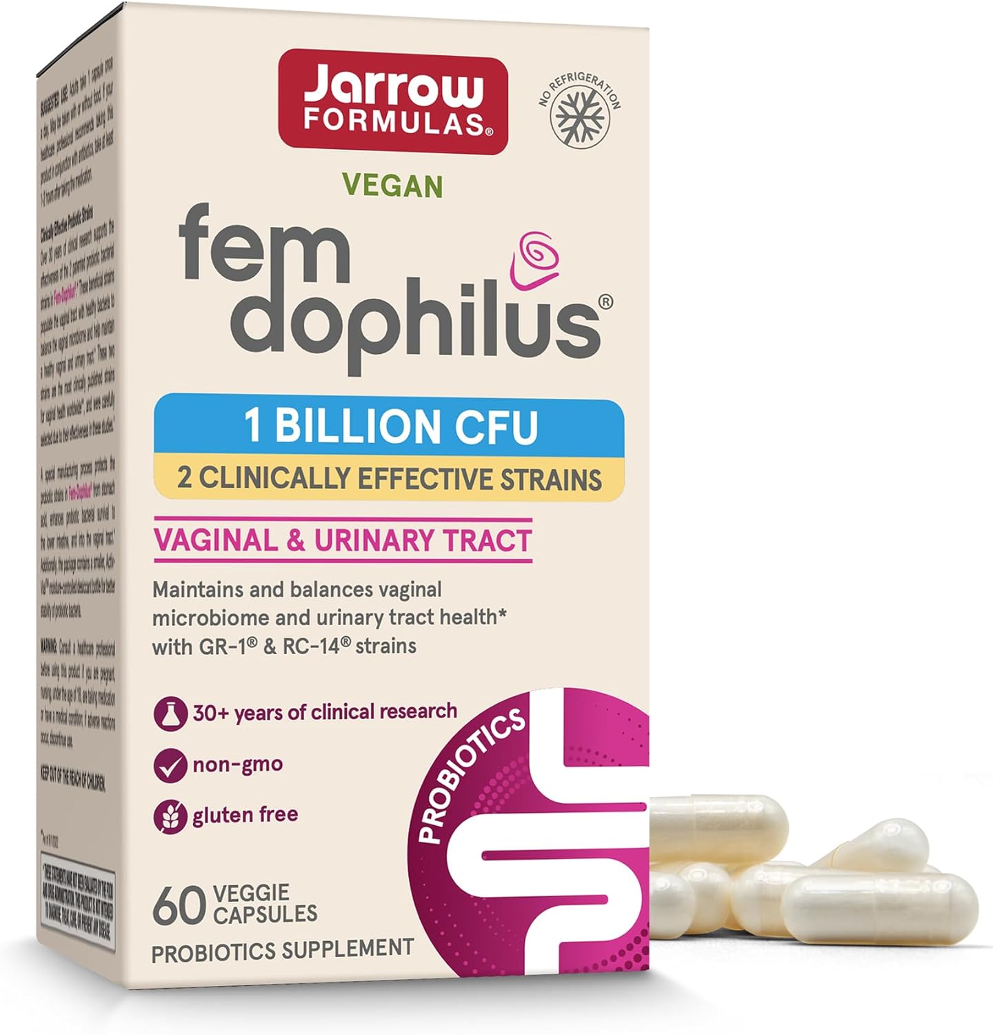 Jarrow Formulas Fem-Dophilus Vaginal Probiotics 1 Billion CFU With 2 Science-Backed Strains, Dietary Supplement For Vaginal & Urinary Tract Support, 60 Capsules, 60 Day Supply, Shelf-Stable Probiotics Jarrow Formulas Fem-Dophilus Vaginal Probiotics 1 Billion CFU With 2 Science-Backed Strains, Dietary Supplement For Vaginal & Urinary Tract Support, 60 Capsules, 60 Day Supply, Shelf-Stable Probiotics