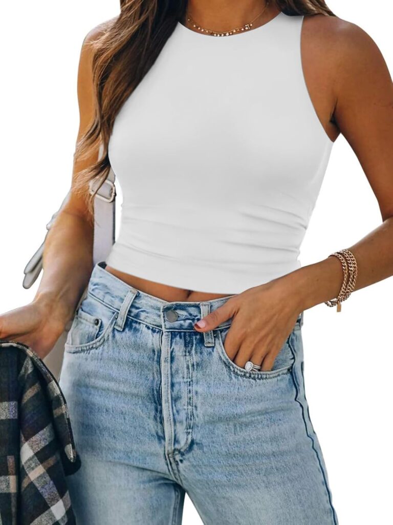 ATHMILE Womens Double Lined Crop Tank Tops Casual Basic Shirts Sleeveless Workout Tops Cute Summer Clothes Teen Girls