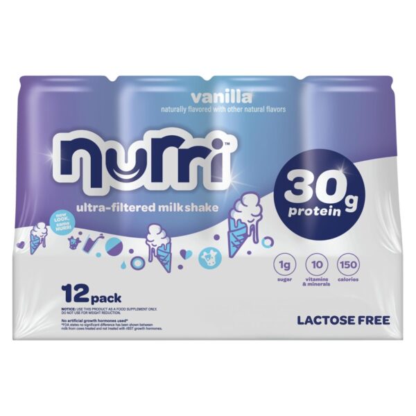 Nurri - 30g Protein Ultra Filtered Milk Shake  Vanilla - Lactose Free, Low Sugar, 150 Calories, 10 Vitamins and Minerals - 11 fl oz, 12 Cans