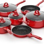 Induction Cookware Pots and Pans Set 10 Piece, BEZIA Dishwasher Safe Nonstick Cooking Pans, Stay-Cool Bakelite Handle, Scratch Resistant Kitchen Sets with Frying Pans, Saucepans & Stockpot (Red)