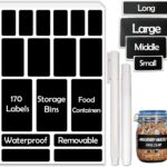 JIEHENG 170Pcs Black Removable Labels for Jars,for Storage Bins,for Food Containers with 2 Liquid Chalk Marker(Black)