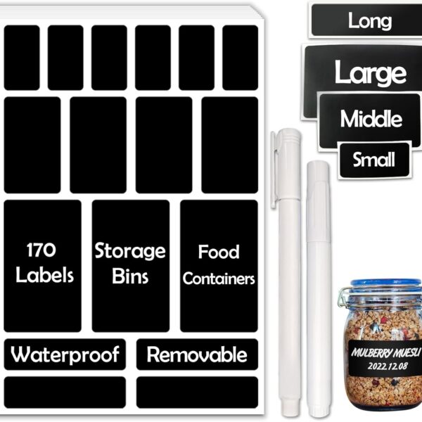 JIEHENG 170Pcs Black Removable Labels for Jars,for Storage Bins,for Food Containers with 2 Liquid Chalk Marker(Black)