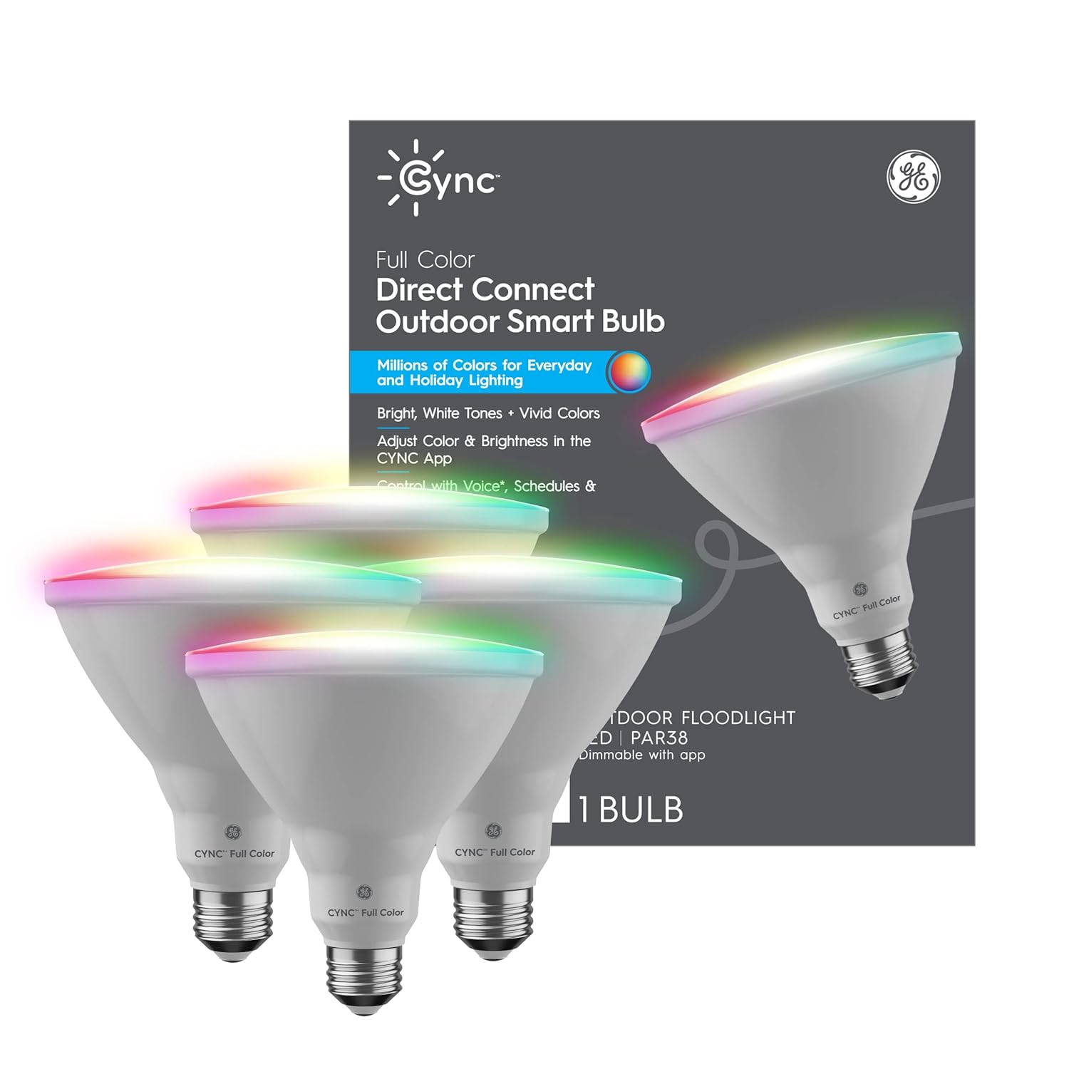 GE CYNC Smart LED Light Bulbs, Color Changing Lights, Bluetooth and Wi-Fi Lights,Compatible with Alexa and Google Home, PAR38 Outdoor Floodlight Bulbs (4 Pack) GE CYNC Smart LED Light Bulbs, Color Changing Lights, Bluetooth and Wi-Fi Lights,Compatible with Alexa and Google Home, PAR38 Outdoor Floodlight Bulbs (4 Pack)