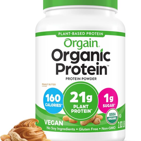 Orgain Organic Vegan Protein Powder, Peanut Butter - 21g Plant Protein, 7g Prebiotic Fiber, Low Net Carb, No Dairy Ingredients, No Added Sugar, For Shakes & Smoothies, 2.03 lb (Packaging May Vary)