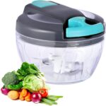 Manual Food Processor Vegetable Chopper, Portable Hand Pull String Garlic Mincer Onion Cutter for Veggies, Ginger, Fruits, Nuts, Herbs, etc., 500ml,Gray-blue