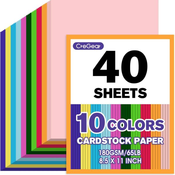 CreGear 40 Sheets Colored Cardstock Printer Paper 8.5 x 11, 10 Assorted Colors Card Stock, 180gsm/65lb Multicolor A4 Colorful Construction Paper for Crafting, Christmas DIY Card Making, Scrapbooking