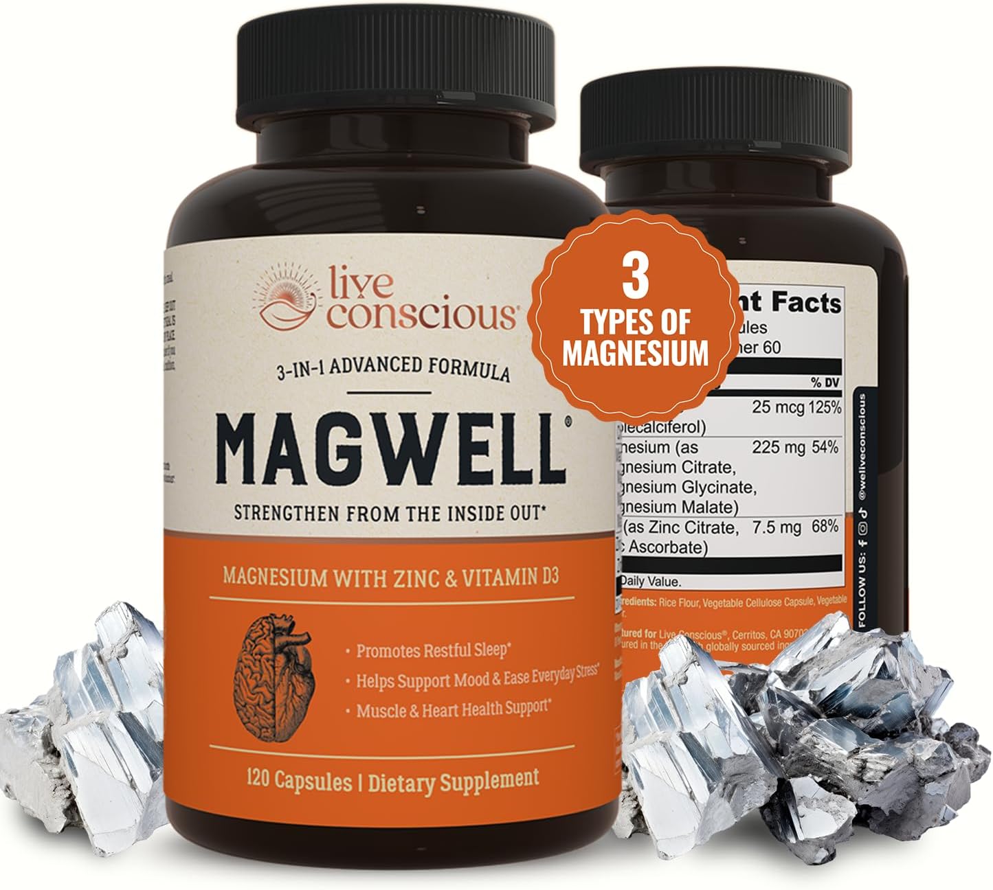 Live Conscious Magwell Magnesium Zinc & Vitamin D3 - Magnesium Glycinate, Malate, & Citrate - Triple Supplement for Women & Men - for Sleep, Bone, Heart, Immune Support - 120 Caps Live Conscious Magwell Magnesium Zinc & Vitamin D3 - Magnesium Glycinate, Malate, & Citrate - Triple Supplement for Women & Men - for Sleep, Bone, Heart, Immune Support - 120 Caps