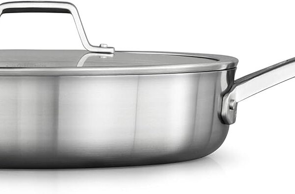 Calphalon Premier Stainless Steel 5-Quart Saut Pan with Lid, 3-Layer Metal Construction, Oven & Dishwasher Safe