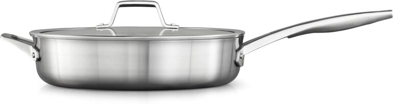 Calphalon Premier Stainless Steel 5-Quart Saut Pan with Lid, 3-Layer Metal Construction, Oven & Dishwasher Safe