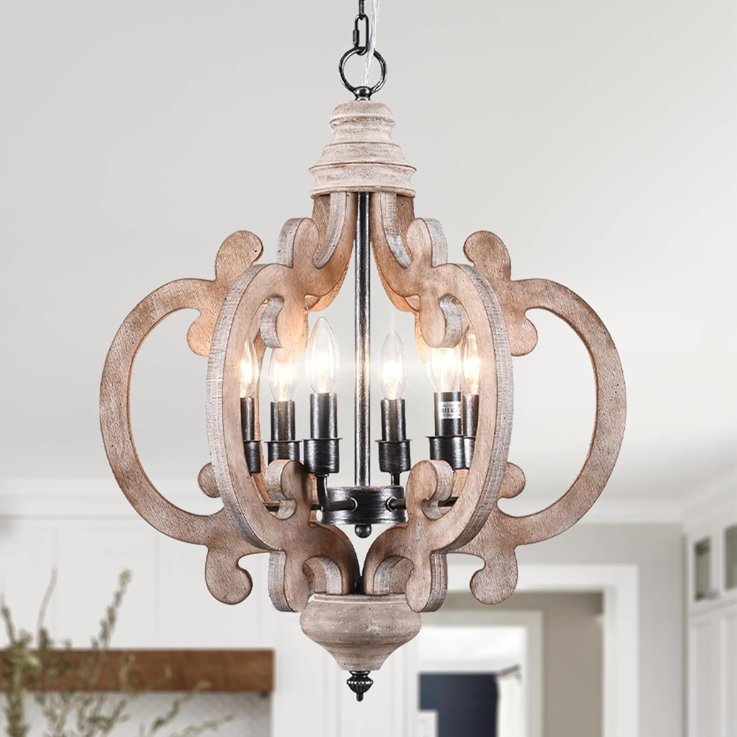 18 Inch Farmhouse Wood Chandelier, Cottage Chic Crown Pendant Light, Weathered Wood Chandelier with 6-Candle, Rustic Dining Room Light Fixture for Kitchen Island, Hallway, Foyer 18 Inch Farmhouse Wood Chandelier, Cottage Chic Crown Pendant Light, Weathered Wood Chandelier with 6-Candle, Rustic Dining Room Light Fixture for Kitchen Island, Hallway, Foyer