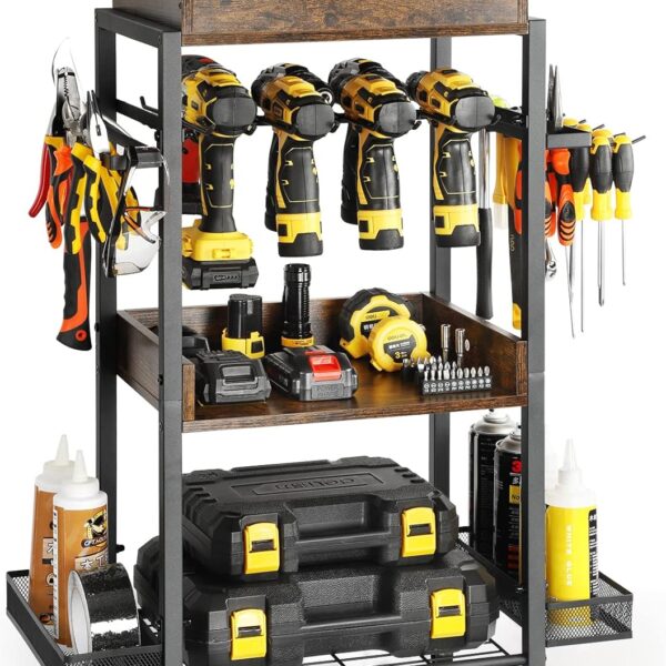 Olakee Power Tool Organizer Garage Storage Organization Shelving Tool Holder Drill Rack Shelf Rolling Cart Open Tool Chest Cabinet Box Organizer with Wheels Workshop Garage Gift Ideas for Men Dad