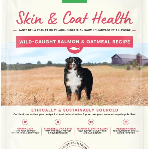 Open Farm, Skin & Coat Health Dog Food, Veterinarian Formulated Kibble with Salmon Oil and Vitamin E to Support Healthy Skin & A Shiny Coat, Wild-Caught Salmon & Oatmeal Recipe, 4lb Bag