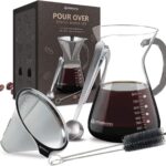 Pour Over Coffee Maker Set - 34 oz Large Borosilicate Glass Carafe, Thickened Rust Resistant Heat Resistant Double-Layer Stainless Steel Dripper/Filter with Coffee Scoop and Cleaning Brush