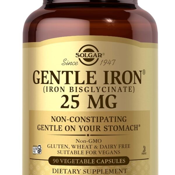 Solgar Gentle Iron 25mg, 90 Vegetable Capsules - Energy, Normal Red Blood Cell Production - Gentle on the Stomach - Non-GMO, Vegan, Gluten Free, Dairy Free, Kosher - 90 Servings