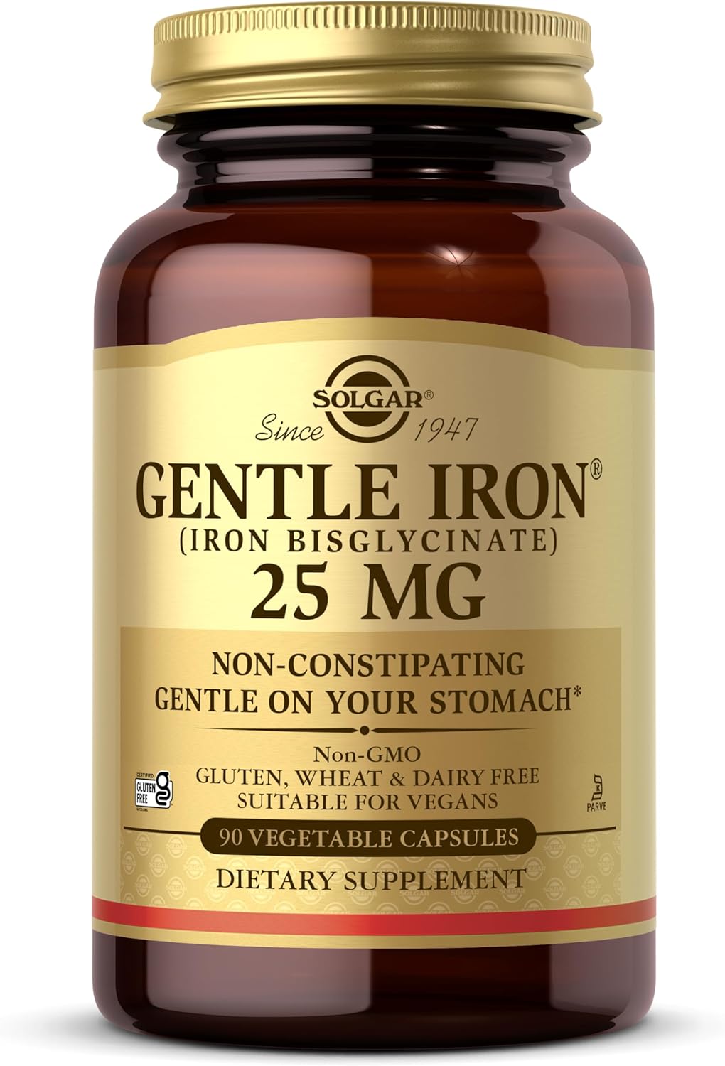 Solgar Gentle Iron 25mg, 90 Vegetable Capsules - Energy, Normal Red Blood Cell Production - Gentle on the Stomach - Non-GMO, Vegan, Gluten Free, Dairy Free, Kosher - 90 Servings Solgar Gentle Iron 25mg, 90 Vegetable Capsules - Energy, Normal Red Blood Cell Production - Gentle on the Stomach - Non-GMO, Vegan, Gluten Free, Dairy Free, Kosher - 90 Servings