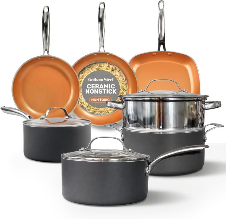 Gotham Steel 12 Pc Ceramic Cookware Set Nonstick, Ceramic Pots and Pans Set Non Stick with Steamer for Cooking, Non Toxic PFOA PFOS Free, Ergonomic Stay Cool Handles, Oven & Dishwasher Safe, Copper
