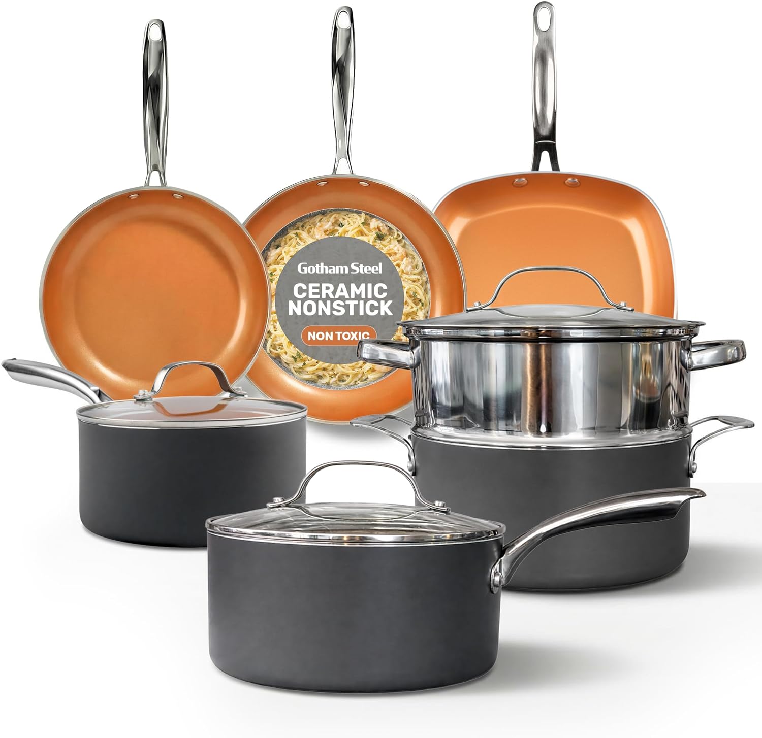 Gotham Steel 12 Pc Ceramic Cookware Set Nonstick, Ceramic Pots and Pans Set Non Stick with Steamer for Cooking, Non Toxic PFOA PFOS Free, Ergonomic Stay Cool Handles, Oven & Dishwasher Safe, Copper Gotham Steel 12 Pc Ceramic Cookware Set Nonstick, Ceramic Pots and Pans Set Non Stick with Steamer for Cooking, Non Toxic PFOA PFOS Free, Ergonomic Stay Cool Handles, Oven & Dishwasher Safe, Copper