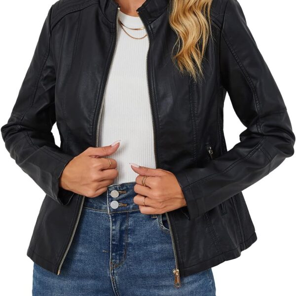 Bellivera Faux Leather Jacket Women Motorcycle Zipper Bomber PU Bike Coat with Pockets