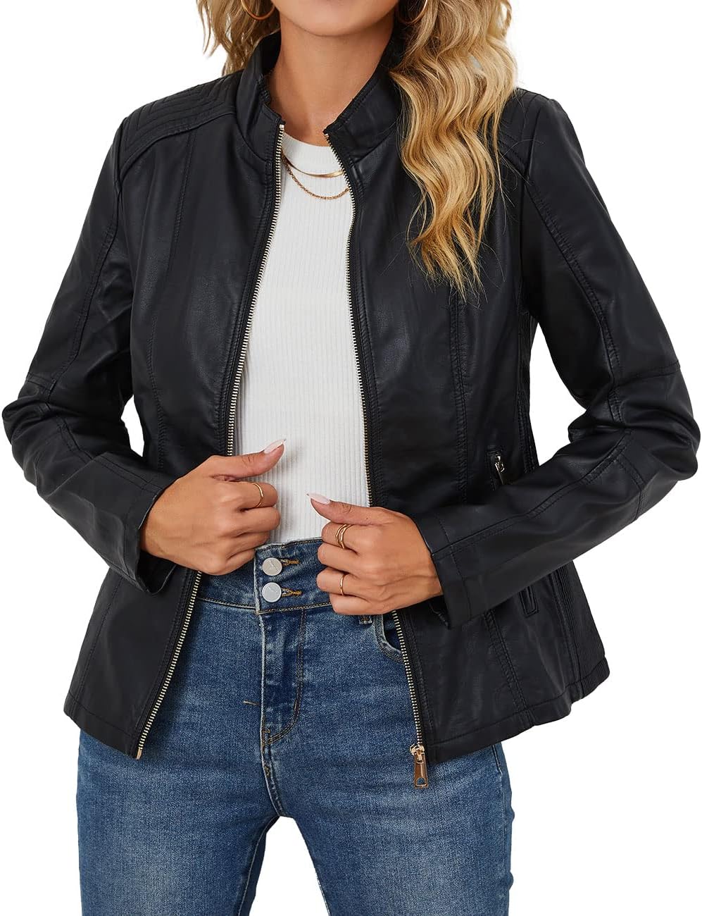Bellivera Faux Leather Jacket Women Motorcycle Zipper Bomber PU Bike Coat with Pockets Bellivera Faux Leather Jacket Women Motorcycle Zipper Bomber PU Bike Coat with Pockets