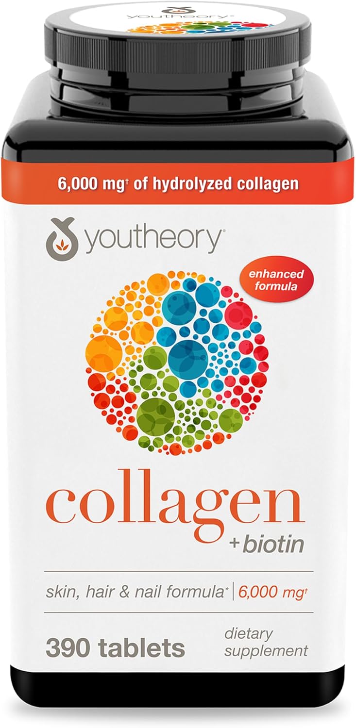 Youtheory Collagen + Biotin - Advanced Collagen Supplement - with Hydrolyzed Peptides, Vitamin C & Vitamin B - Supports Hair Growth, Nail Health & Skin - 390 Tablets
