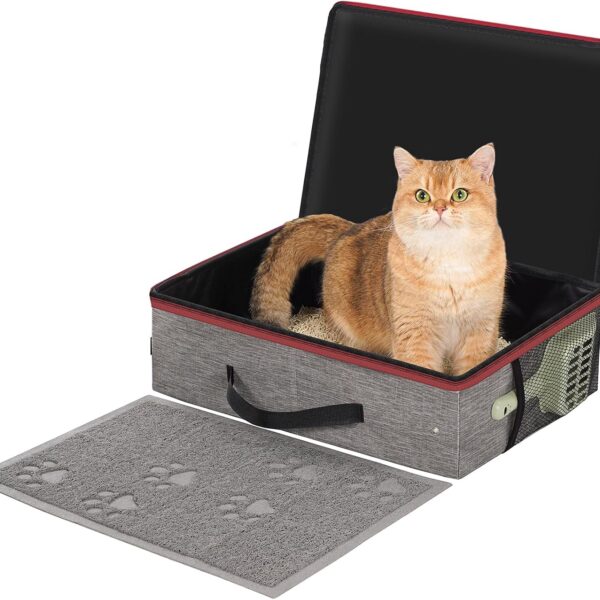 Avont Portable Travel Litter Box for Cats, Waterproof Leak-Proof Foldable Collapsible Kitty Box with Zipped Lid, Mat and Scoop, Easy to Carry Ideal for Hotels Cars -M