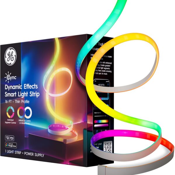 GE Cync Dynamic Effects Smart LED Light Strip with Music Sync, Color Changing WiFi Lights, Indoor Light Strip, Compatible with Alexa and Google Home, 16ft and Power Supply