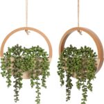 Floweroyal 2pcs Artificial Succulents Hanging Plants 12.2'' Fake String of Pearls in Pot with 8.3'' Lanyard for Indoor Outdoor Wall DecorWood Color.