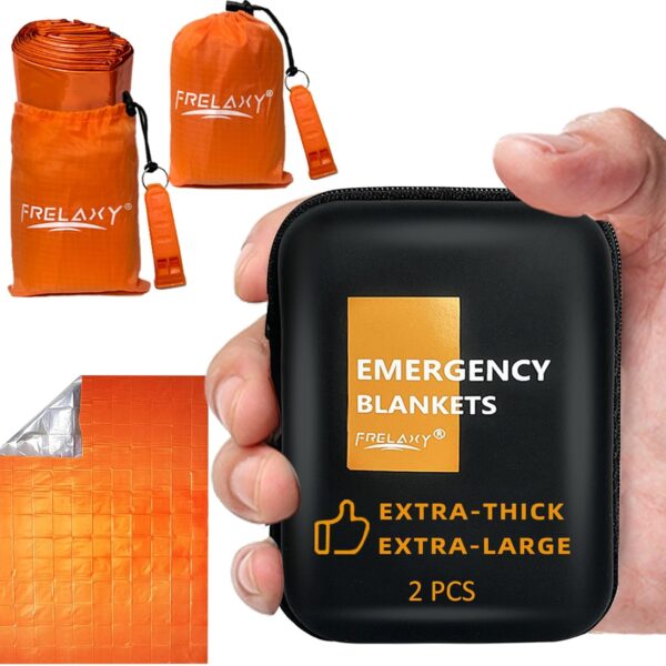 Frelaxy Emergency Blanket 2-Pack, Extra-Thick Extra-Large Space Blankets with Whistles, Storage Pouchs, and EVA case