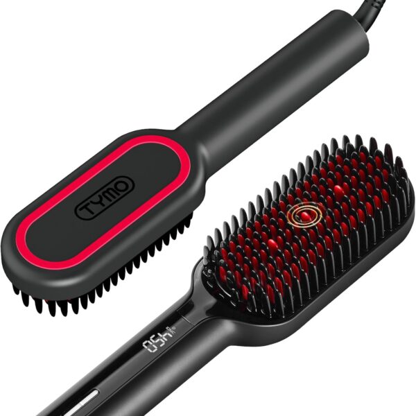 TYMO Hair Straightener Brush - Upgraded Ionic Plus Straightening Brush with Dense Bristles, 16 Temps, Dual Voltage | Ceramic Hot Comb for Women | Flat Iron for Thick Curly Hair, Black