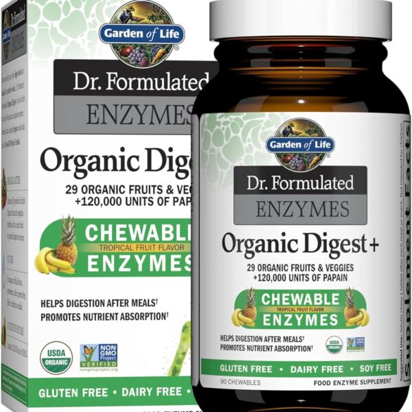 Garden of Life Digestive Enzymes with Papain, Bromelain and Lipase for Nutrient Absorption and Digestion Support, Tropical Fruit Flavor, Dietary Supplement, Certified Vegan, 90 Chewables