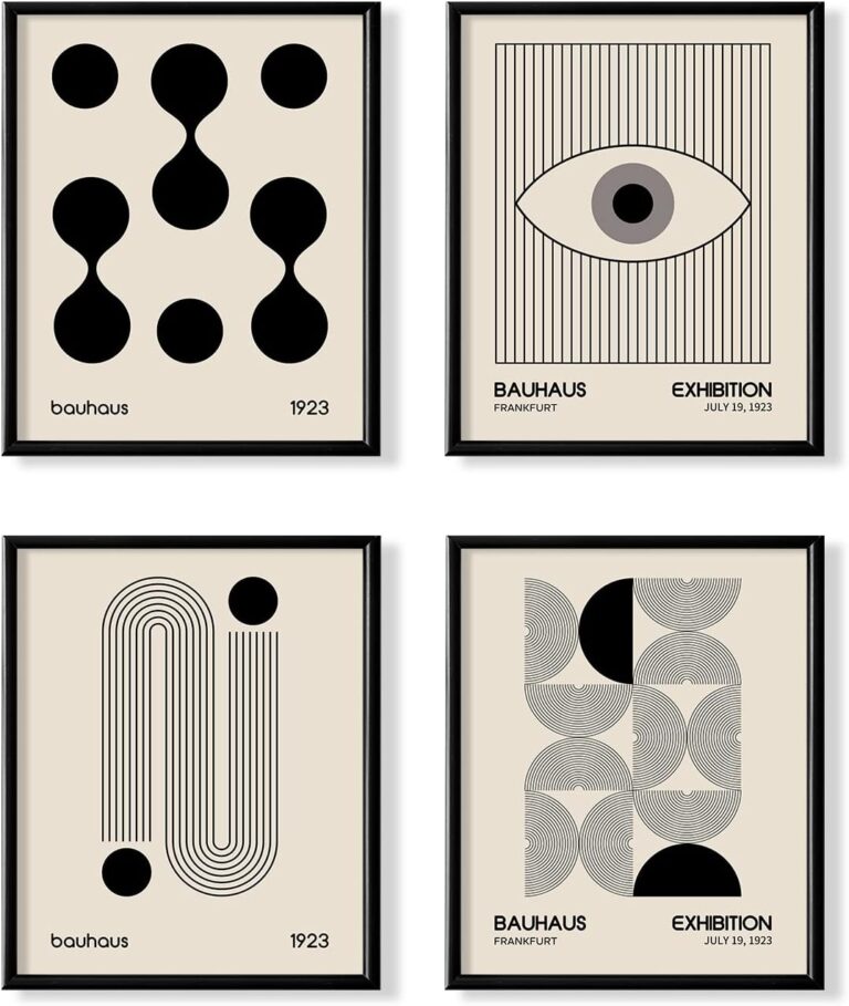 Black and White Bauhaus Abstract Geometric Wall Art - 8x10 Art Deco Museum Boho Art Gift for He - Mid Century Modern Minimalist Poster - Small Print for Bedroom Bathroom Aesthetic Retro Artwork Set 4