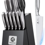 imarku Kitchen Knife Set, 15 Pcs Japanese Knife Set with Block, Premium Razor-Sharp Chef Knives Set for Kitchen with Sharpener, Rust-Proof, Ergonomic Full-Tang Handle, Black