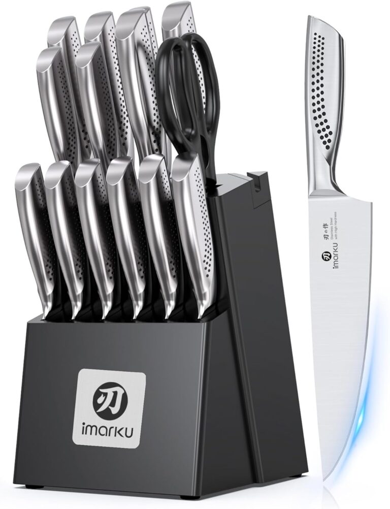 imarku Kitchen Knife Set, 15 Pcs Japanese Knife Set with Block, Premium Razor-Sharp Chef Knives Set for Kitchen with Sharpener, Rust-Proof, Ergonomic Full-Tang Handle, Black