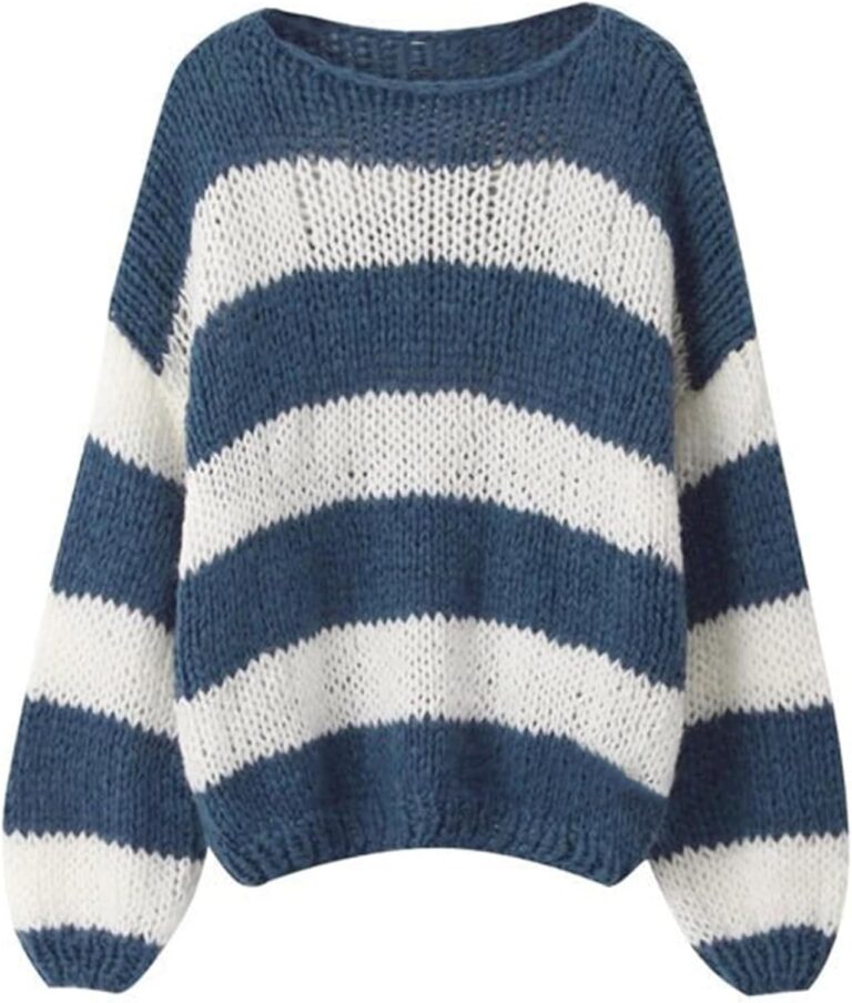 Pinclodly Oversized Sweaters for Women Color Block Striped Sweaters Y2K Crewneck Long Sleeve Knit Sweater