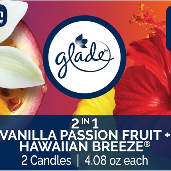 Glade 1-Wick 2in1 Scented Candle Jar, Hawaiian Breeze & Vanilla Passion Fruit, Air Freshener Infused with Essential Oils, 4.08 Oz, 2 Count