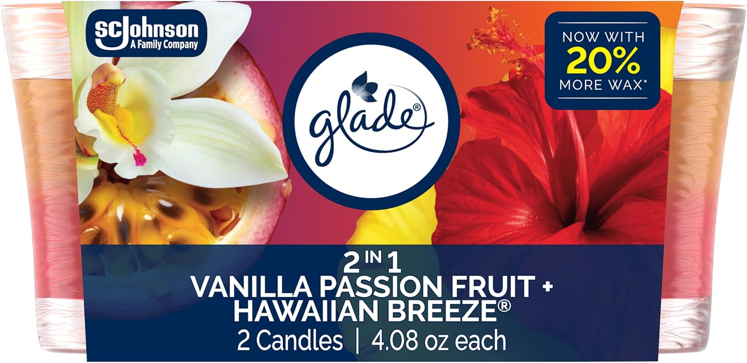 Glade 1-Wick 2in1 Scented Candle Jar, Hawaiian Breeze & Vanilla Passion Fruit, Air Freshener Infused with Essential Oils, 4.08 Oz, 2 Count Glade 1-Wick 2in1 Scented Candle Jar, Hawaiian Breeze & Vanilla Passion Fruit, Air Freshener Infused with Essential Oils, 4.08 Oz, 2 Count