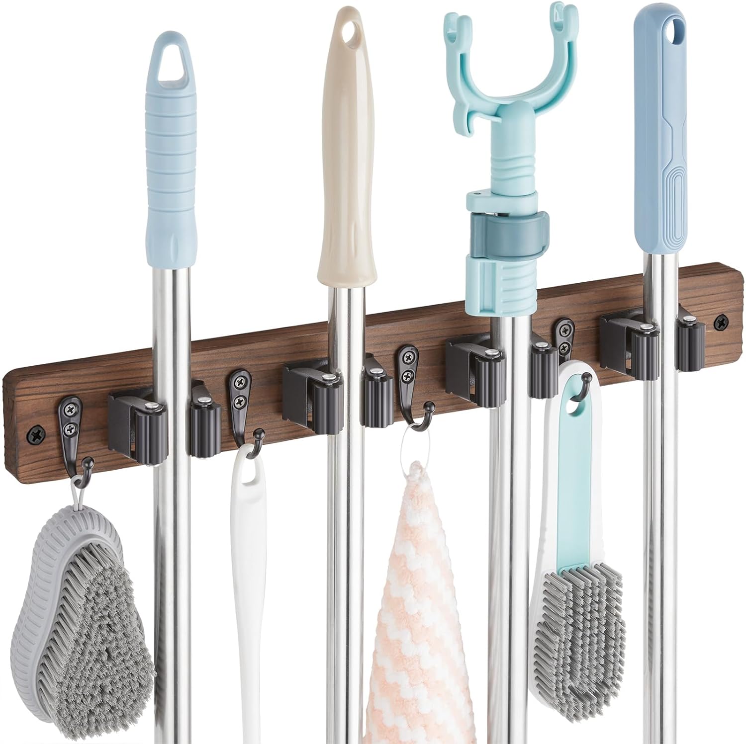 OUTNILI Mop and Broom Holder Wall Mount - Wood Broom Mop Hanger - Wall Mounted Garden Tool Rack Organizer for Closet Garage Laundry Room, Rustic Kitchen Decor With 4 Slots & 4 Hooks OUTNILI Mop and Broom Holder Wall Mount - Wood Broom Mop Hanger - Wall Mounted Garden Tool Rack Organizer for Closet Garage Laundry Room, Rustic Kitchen Decor With 4 Slots & 4 Hooks