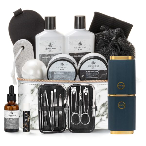 23pcs Bath and Body Gift Basket for Men & Women, Charcoal Home Spa Kit, Leather Bag, Skin Care Set, Self Care Kit, Christmas, Birthday,Anniversary, Mother's Day Gift, Mom, Dad, Wife