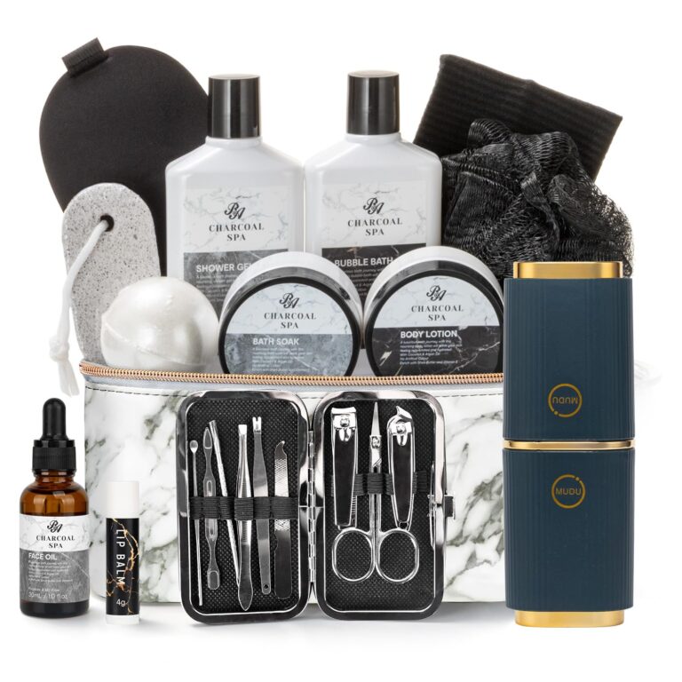 23pcs Bath and Body Gift Basket for Men & Women, Charcoal Home Spa Kit, Leather Bag, Skin Care Set, Self Care Kit, Christmas, Birthday,Anniversary, Mother's Day Gift, Mom, Dad, Wife