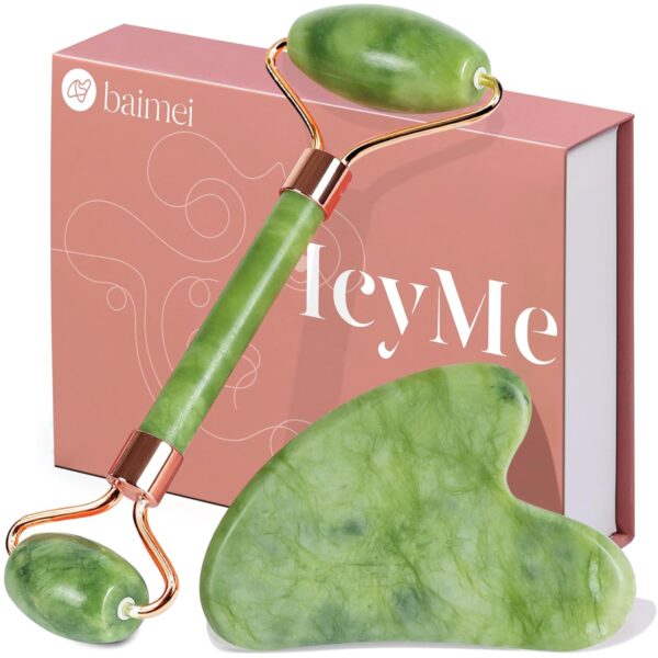BAIMEI IcyMe Gua Sha & Jade Roller Set, Cooling Face Roller & Gua Sha Tool for Depuffing, Facial Sculpting & Jawline Definition, Smooth Rolling Skincare Tools for Women & Men  Green