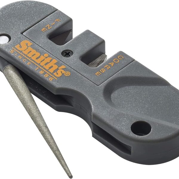 Smith's PP1 Pocket Pal Knife Sharpener Preset Carbide & Ceramic Stone Sharpeners Fold-Out Diamond Coated Rod Outdoor Hunting Knife & Hook Sharpener, Handheld, Compact, Lightweight, Multiuse