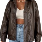 American Trends Womens Faux Leather Jackets Oversized Motorcycle Bomber Coats Fall Spring Fashion Clothes Winter Outfits