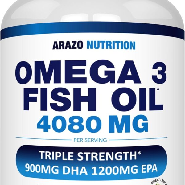 Arazo Nutrition Wild Caught Omega-3 Fish Oil Concentrate  4,080mg per Serving  High EPA 1200mg & DHA 900mg  120 Burpless Lemon Softgels