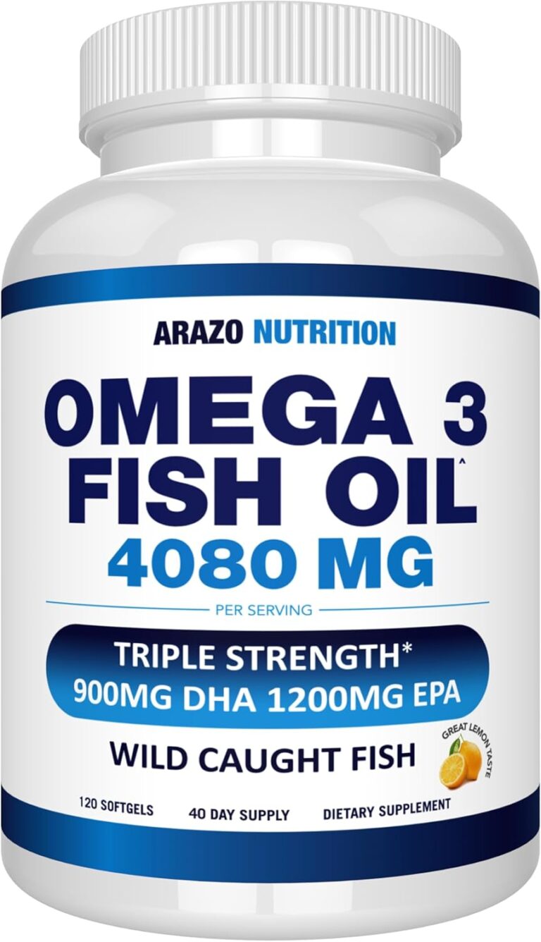 Arazo Nutrition Wild Caught Omega-3 Fish Oil Concentrate  4,080mg per Serving  High EPA 1200mg & DHA 900mg  120 Burpless Lemon Softgels