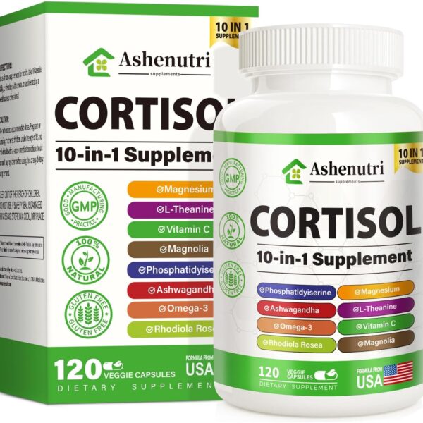 Ashenutri 10-in-1 Cortisol Supplement with Magnesium,Ashwagandha,Rhodiola Rosea,L Theanine,Hormone Balance for Women 120 Vegan Capsules
