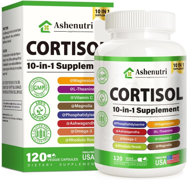 Ashenutri 10-in-1 Cortisol Supplement with Magnesium,Ashwagandha,Rhodiola Rosea,L Theanine,Hormone Balance for Women 120 Vegan Capsules