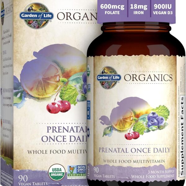 Garden of Life Prenatal Vitamins for Women, Organics Folate for Energy & Healthy Fetal Development, Non-constipating Iron, Vitamin C, B6, B12, D3, Non-GMO, Gluten-Free, Vegan, 90 Day Supply
