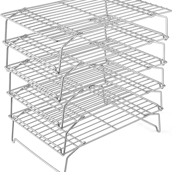 P&P CHEF Cooling Rack, 5-Tier Stainless Steel Stackable Baking Cooking Racks for Cooling Roasting Grilling, Collapsible & Heavy Duty, Oven Safe & Easy Clean, 15" x 10", Silver